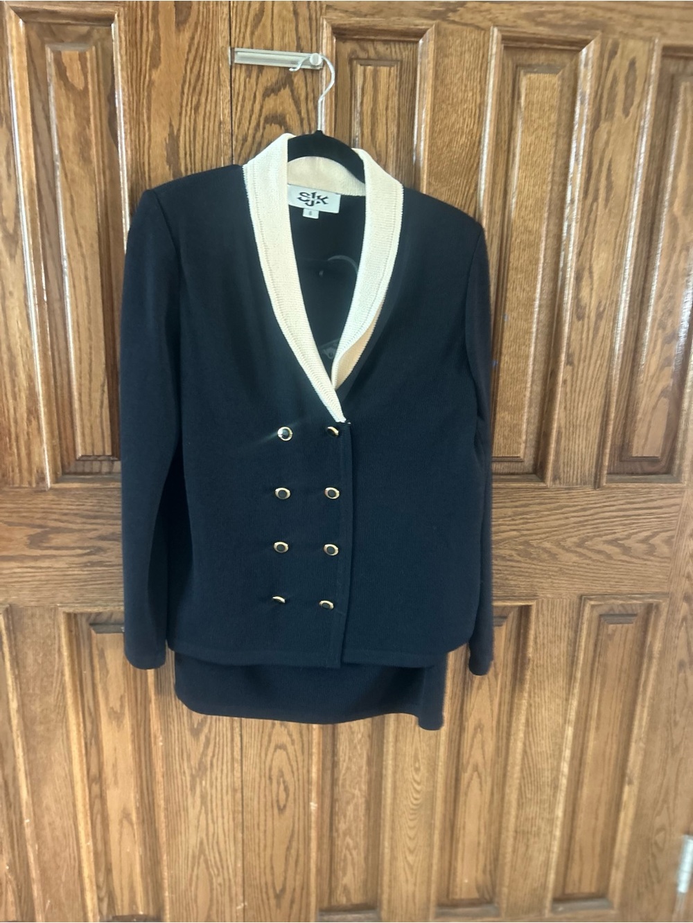 St. John Black Blazer with Cream Shawl Collar and Gold Buttons